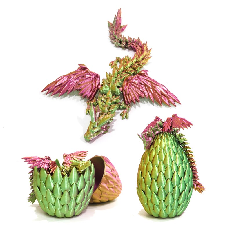Flavery 3D Printed Flying Dragon in Egg Easter Basket Stuffers Easter Surprise Egg with Flexible Winged Dragon Inside Mystery Fidget Toy Birthday Gift Desk Figure Decor Green Pink Gold - Image 3