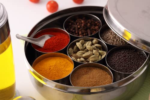 neelam Stainless Steel Spice Box, Masala Dabba with airtight Steel Lid, 7 Containers with 1 Spoon & 1 Steel Plate, Organize Spices, Durable & Elegant Kitchen Storage for Home Cooking, Silver, 1575 ml - Image 2
