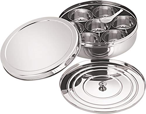 neelam Stainless Steel Spice Box, Masala Dabba with airtight Steel Lid, 7 Containers with 1 Spoon & 1 Steel Plate, Organize Spices, Durable & Elegant Kitchen Storage for Home Cooking, Silver, 1575 ml - Image 4