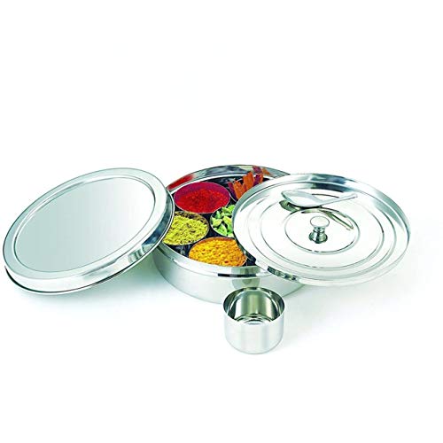 neelam Stainless Steel Spice Box, Masala Dabba with airtight Steel Lid, 7 Containers with 1 Spoon & 1 Steel Plate, Organize Spices, Durable & Elegant Kitchen Storage for Home Cooking, Silver, 1575 ml - Image 1