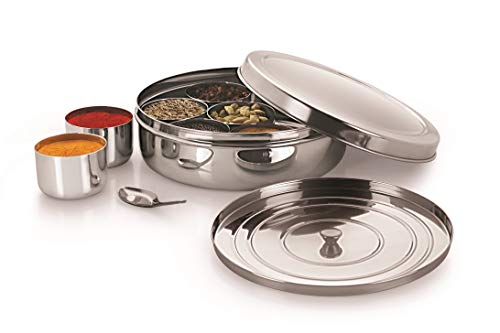 neelam Stainless Steel Spice Box, Masala Dabba with airtight Steel Lid, 7 Containers with 1 Spoon & 1 Steel Plate, Organize Spices, Durable & Elegant Kitchen Storage for Home Cooking, Silver, 1575 ml - Image 5