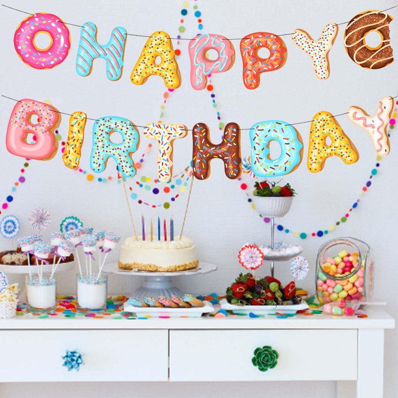 BIEUFBJI Donut Happy Birthday Banner Donut Party Decorations Donut Theme Birthday Party Kids Birthday Baby Shower Wall Decoration - Image 4