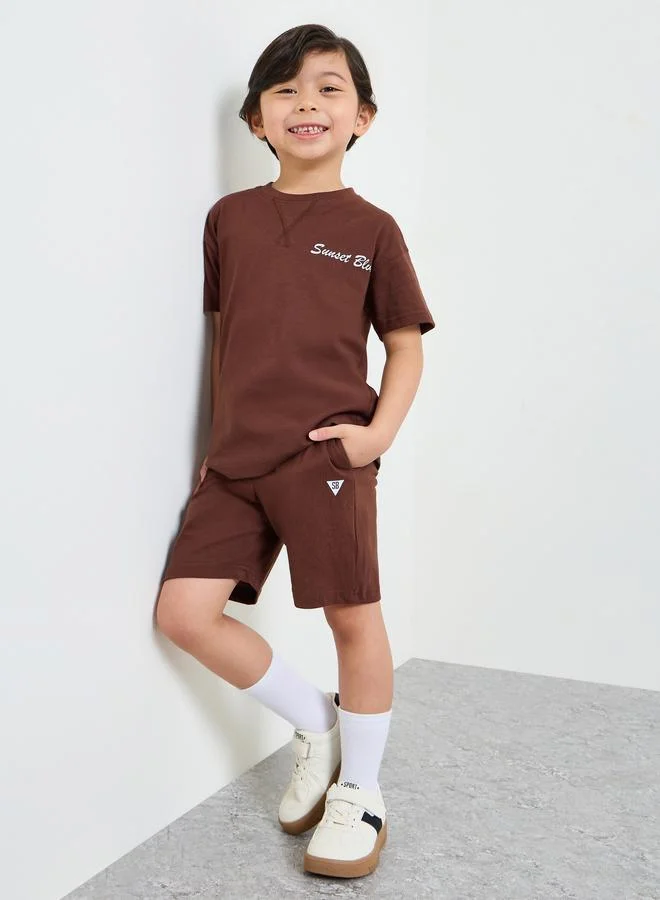 Styli Boys Brown Rib Neck Oversized T-Shirt and Shorts Set