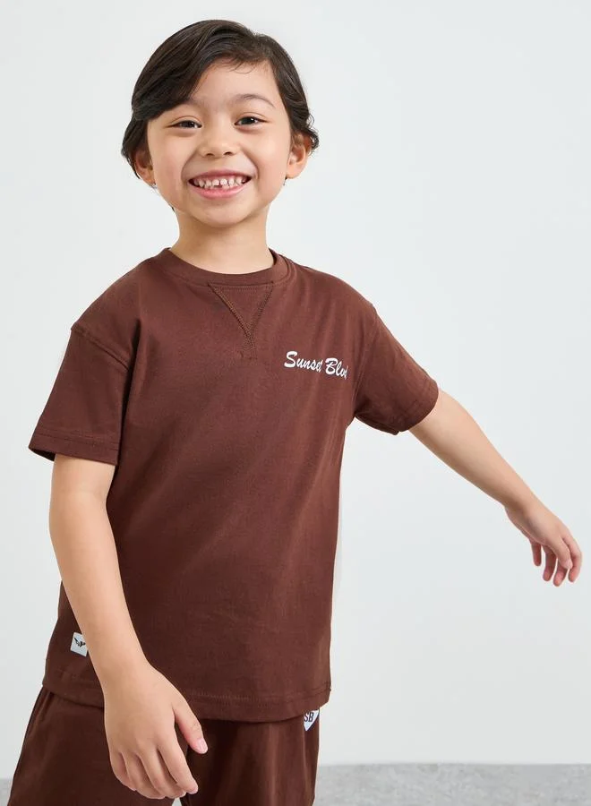 Styli Boys Brown Rib Neck Oversized T-Shirt and Shorts Set