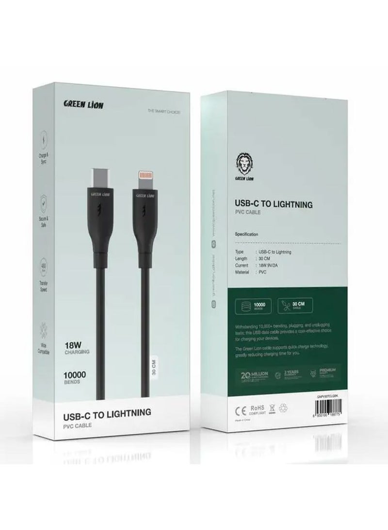 GREEN LION USB-C to Lightning PVC Cable / 30cm Cable Length / High Transfer Speed / 18W Power Charging / Secure & Safe / Wide Compatible / Charge & Sync / 10,000 Bends Life Span - Black - Image 2