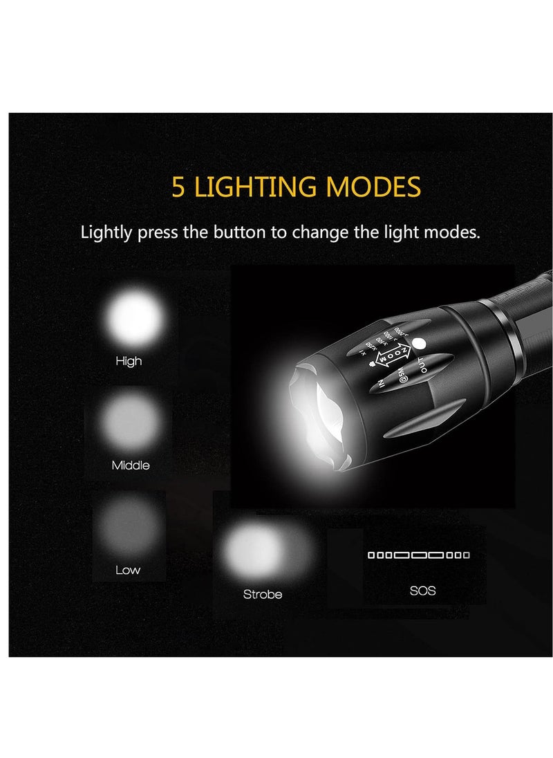 Military grade flashlight, 3000 lumens 5 modes waterproof flashlight 1-pack, retractable focus flashlight