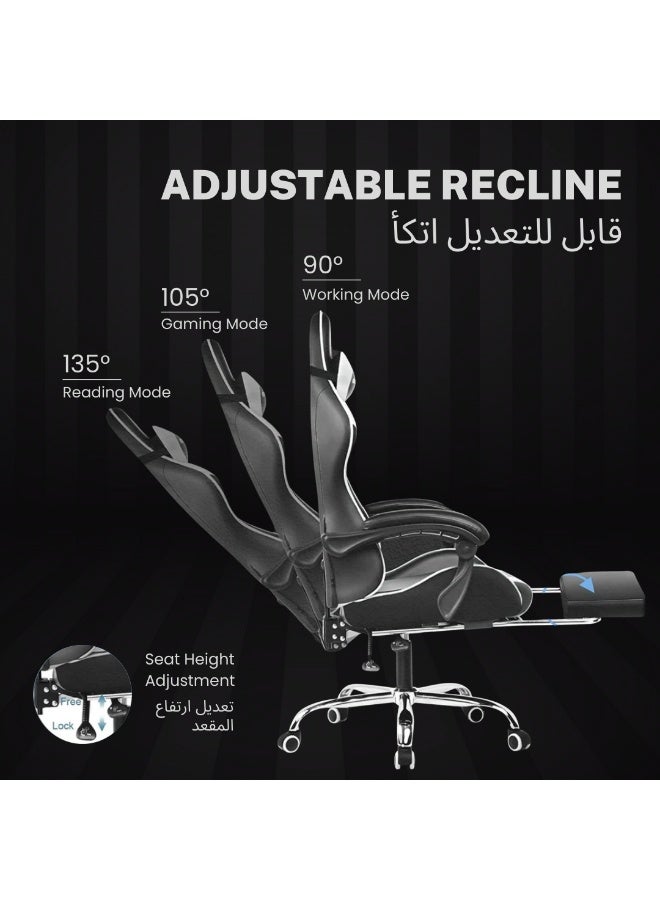 GTPLAYER #1USA Ergonomic Gaming Chair with USB Massage Cushion, Footrest & Armrests – PU Leather Computer Video Game Desk Chair with Adjustable Lumbar Support & Headrest for Gaming & Office (White) White - Image 5