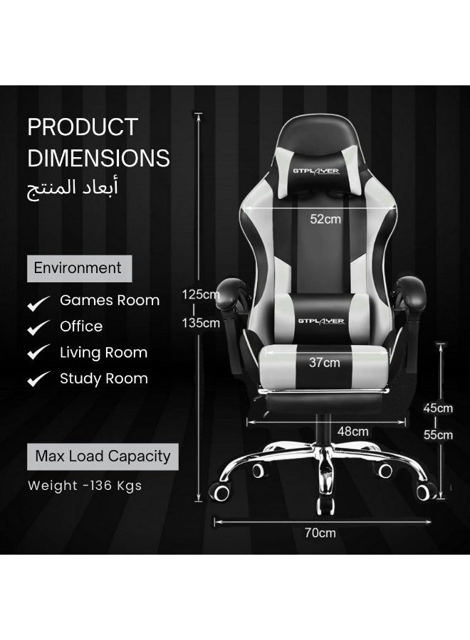 GTPLAYER #1USA Ergonomic Gaming Chair with USB Massage Cushion, Footrest & Armrests – PU Leather Computer Video Game Desk Chair with Adjustable Lumbar Support & Headrest for Gaming & Office (White) White - Image 4