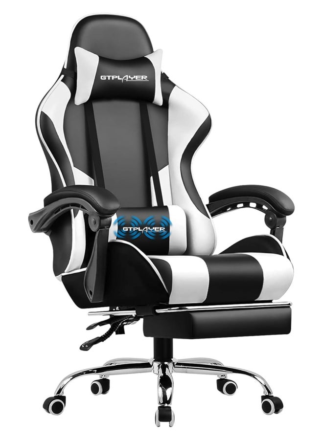 #1USA Ergonomic Gaming Chair with USB Massage Cushion, Footrest & Armrests – PU Leather Computer Video Game Desk Chair with Adjustable Lumbar Support & Headrest for Gaming & Office (White) White