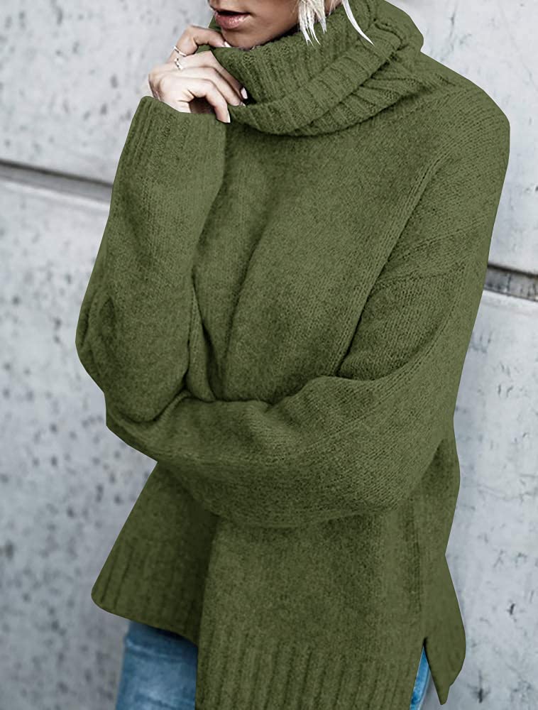 FISACE Womens Oversized Turtleneck Pullover Sweater Cable Knit Long Sleeve Sweater Tops A-Green - Image 3