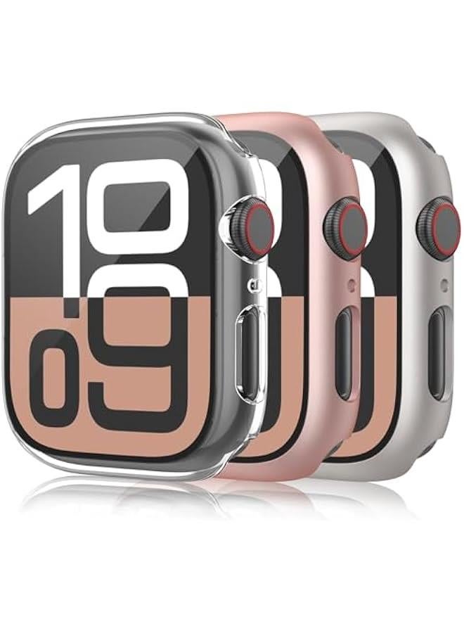 3 Pack Case for Apple Watch Series 10 46mm Hard PC Case with Tempered Glass Screen Protector Waterproof Anti-Scratch Ultra-Thin Protective Cover, Transparent/Rose Gold/Starlight