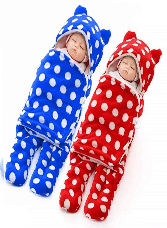 First Kick New Born Sleeping Bag Combo Pack of Super Soft Wearable Baby Wrapper Durable Fleece Polyester Cum Baby Sleeping Bag for Baby Boys Girls (76cm x 70cm, 0-6 Months) Pack of 2 Red Blue - Image 1