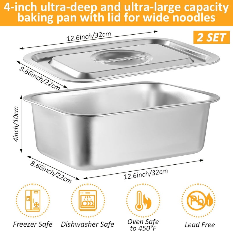 CODOHI 2 PACK 4 Inch Extra Deep Lasagna Baking Pan with Lid, 8.7x12.6Inch 304 Stainless Steel Large Baking Dish Tray for Oven, Thick Metal Roasting Pan for Casserole Brownie Turkey (Silver, M) - Image 2