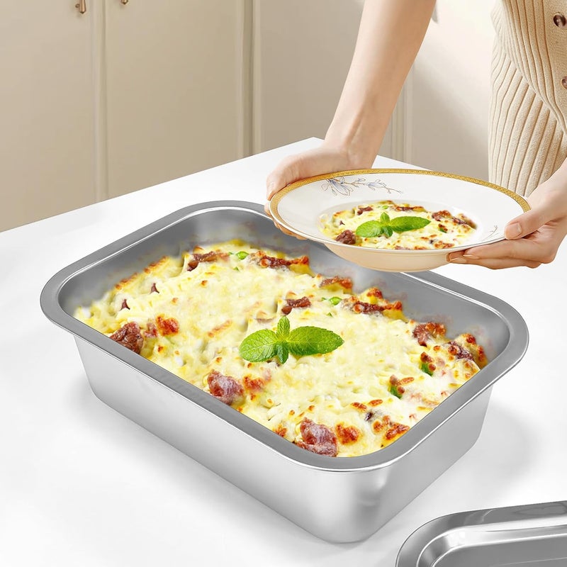 CODOHI 2 PACK 4 Inch Extra Deep Lasagna Baking Pan with Lid, 8.7x12.6Inch 304 Stainless Steel Large Baking Dish Tray for Oven, Thick Metal Roasting Pan for Casserole Brownie Turkey (Silver, M) - Image 3