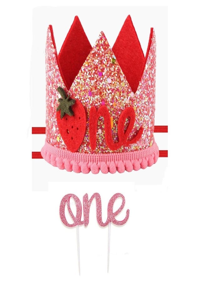 Strawberry 1st Birthday Hat for Baby Girls, and one Cake Topper, Pink Sequin Berry Headband for First Birthday Party Decorations and Photo Props