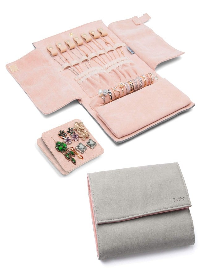Becko US Jewelry Organizer Roll Travel Jewel Bag case for Multiple Necklaces, Rings, Bracelets, Supple Leather & Suede, Large Capacity Without Crease, Lightweight, Portable & Practical (Gray) - Image 1