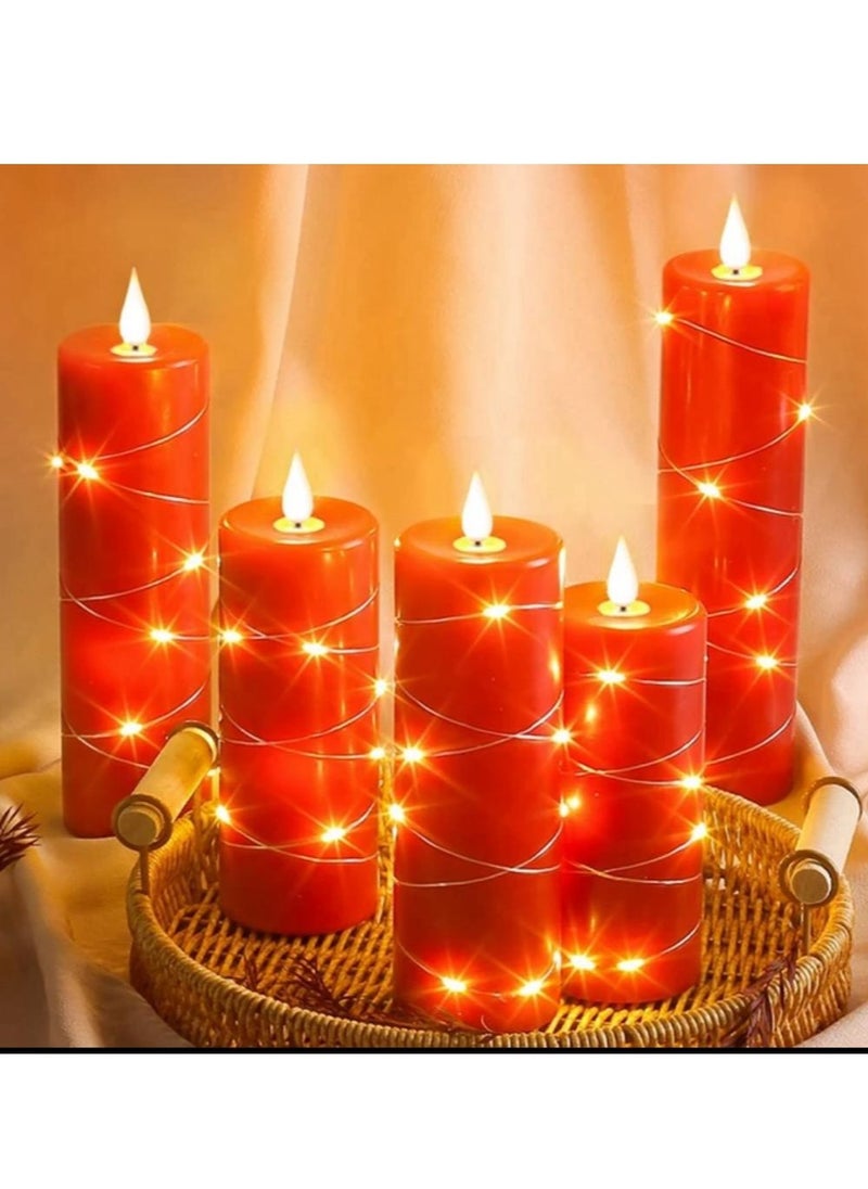 Battery operated pillar candles with 3D teardrop shaped wicks and embedded starlight strings featuring a real wax design a remote control and timer function in a set of 5 LED candles.