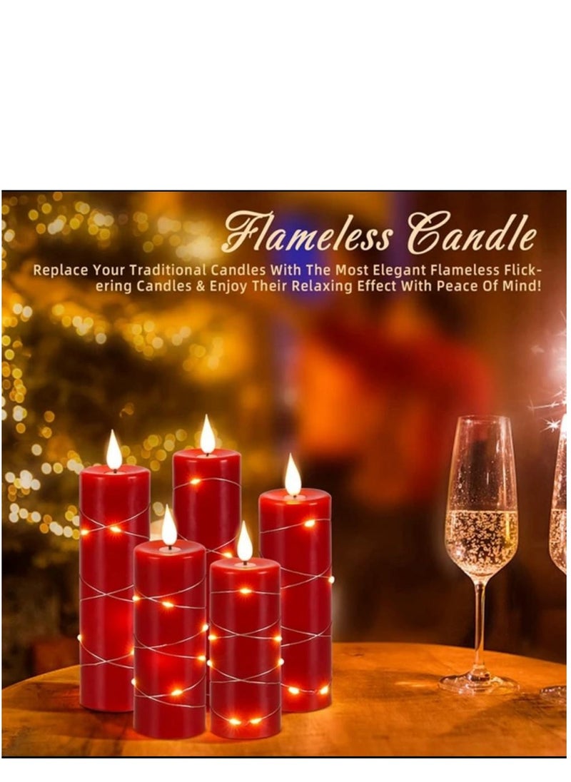 Battery operated pillar candles with 3D teardrop shaped wicks and embedded starlight strings featuring a real wax design a remote control and timer function in a set of 5 LED candles.