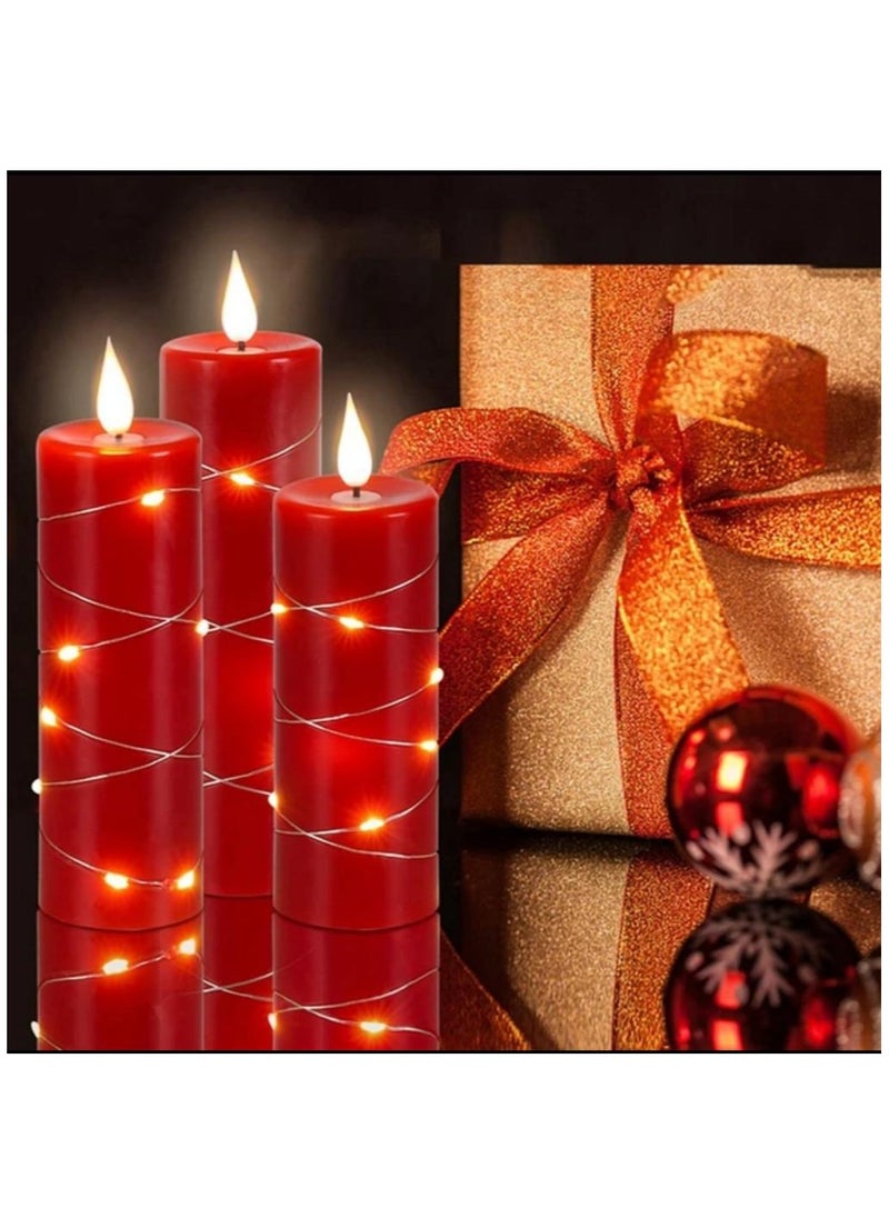 Battery operated pillar candles with 3D teardrop shaped wicks and embedded starlight strings featuring a real wax design a remote control and timer function in a set of 5 LED candles.