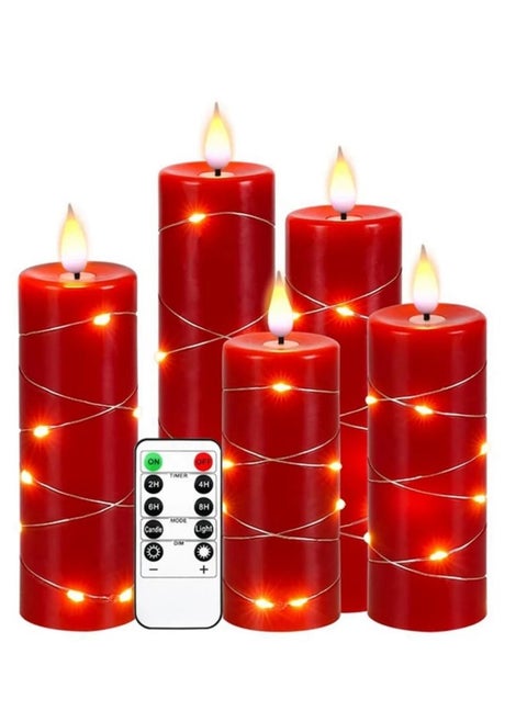 Battery operated pillar candles with 3D teardrop shaped wicks and embedded starlight strings featuring a real wax design a remote control and timer function in a set of 5 LED candles.