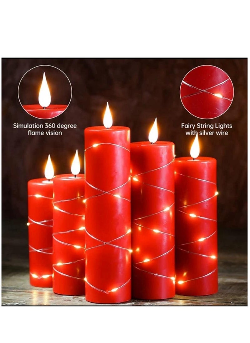 Battery operated pillar candles with 3D teardrop shaped wicks and embedded starlight strings featuring a real wax design a remote control and timer function in a set of 5 LED candles.