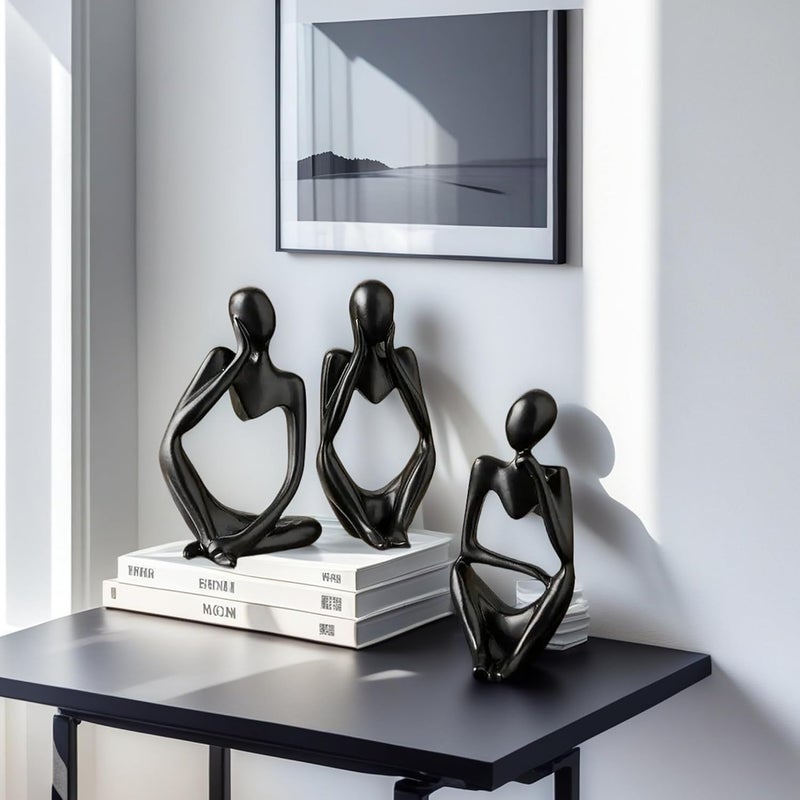 XINXUAN 3Pcs Thinker Statue Sculptures Office Decor Small Shelf,Bookshelf Decor TV Stand Decor Resin Collectible Figurines Home Decorations for Living Room (Black) - Image 5