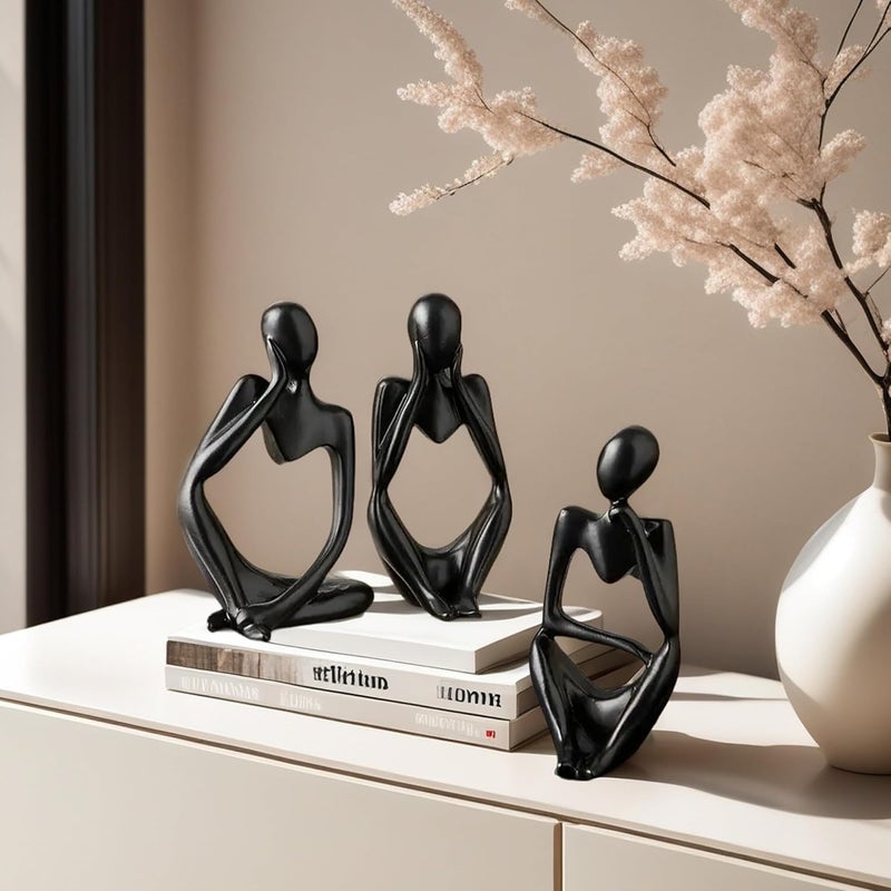 XINXUAN 3Pcs Thinker Statue Sculptures Office Decor Small Shelf,Bookshelf Decor TV Stand Decor Resin Collectible Figurines Home Decorations for Living Room (Black) - Image 3