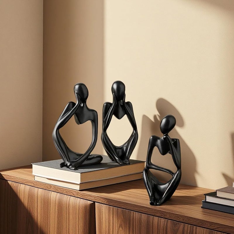 XINXUAN 3Pcs Thinker Statue Sculptures Office Decor Small Shelf,Bookshelf Decor TV Stand Decor Resin Collectible Figurines Home Decorations for Living Room (Black) - Image 4