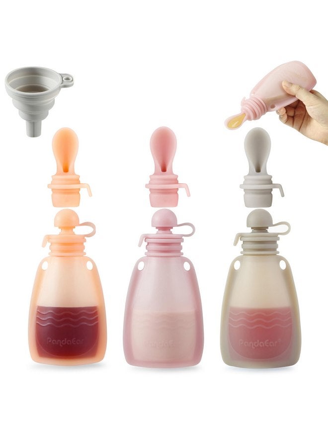 PandaEar PandaEar 3 Pack Reusable Silicone Baby Food Pouches Squeeze Pouches for Toddler Kids with 3 Silicone Puree Feeder Spoon BPA-Free Silicone Refillable Baby Food Storage 5.5oz(Dark pink/Light Pink/Linen)  - Image 1