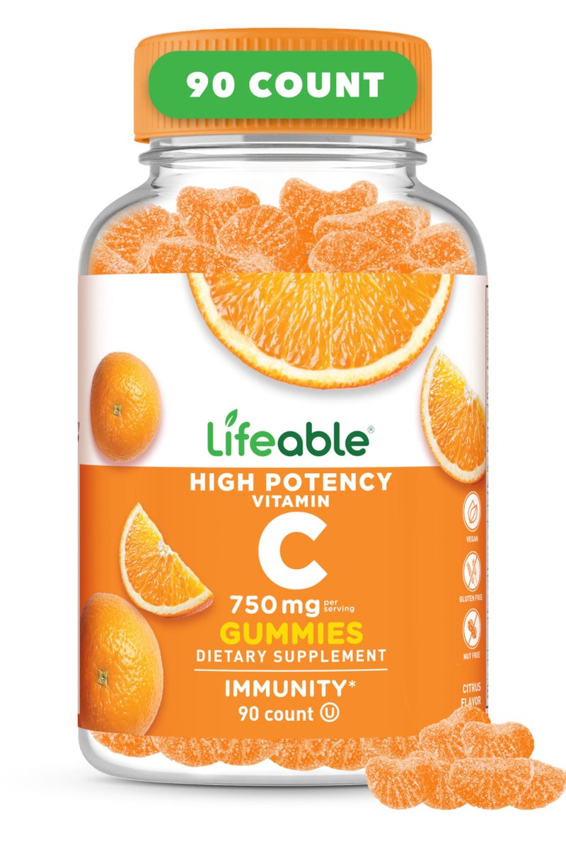 Lifeable Vitamin C Gummies for Adults 750mg Great Tasting Orange Flavor VIT C Vegan Non GMO Vitamin C Chewable for Immune Support 90 Gummies