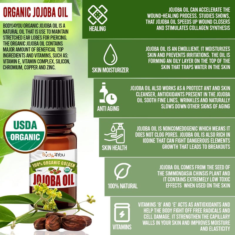 BodyJ4You 100% USDA Organic Jojoba Oil Piercing Aftercare - Stretched Ear Gauges Tragus Nose Septum Lip Navel - Natural Recovery Skin Moisturizer - Pure Unrefined Wax - 0.17 Fl Oz - Image 2