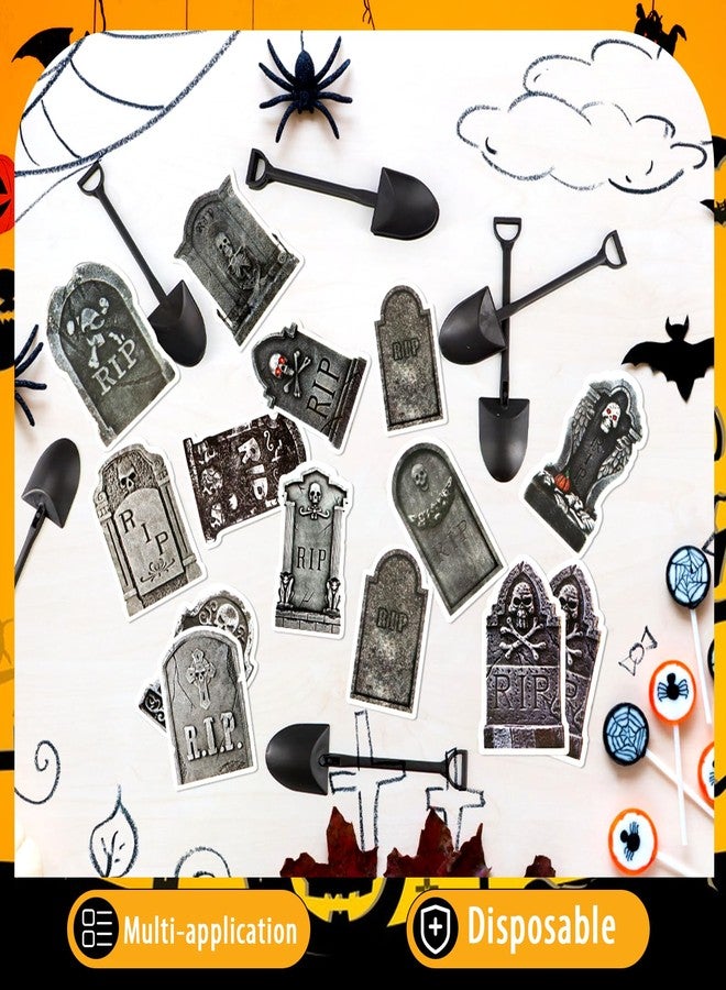 ZOCONE 48 PCS Halloween Cupcake Toppers with Mini Shovel Spoons, Tombstone Cupcake Decorations for Halloween Birthday Party Decoration and Supplies, Tombstone Graveyard Cake Toppers for Zombie Theme Party - Image 4