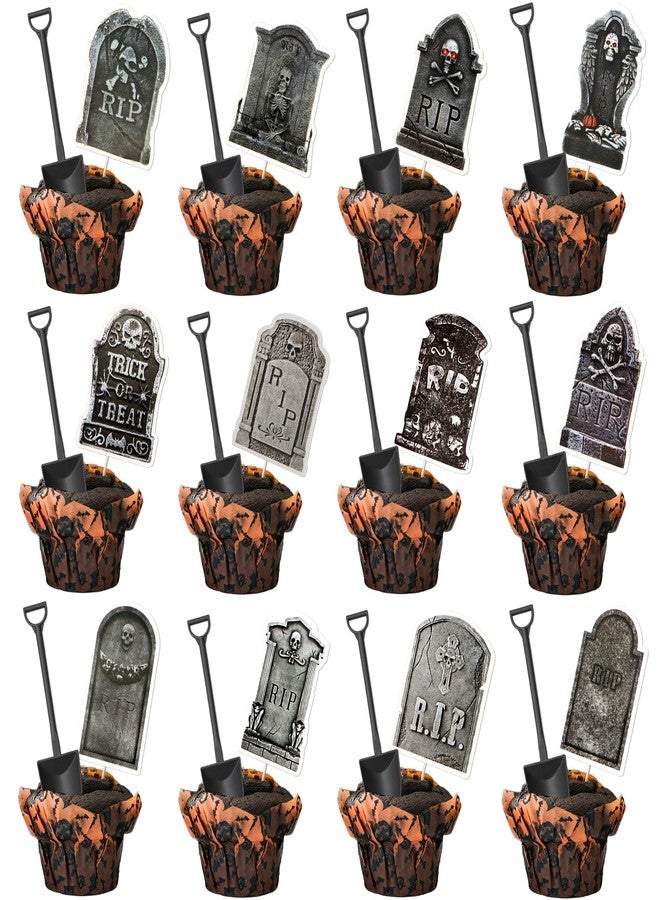 ZOCONE 48 PCS Halloween Cupcake Toppers with Mini Shovel Spoons, Tombstone Cupcake Decorations for Halloween Birthday Party Decoration and Supplies, Tombstone Graveyard Cake Toppers for Zombie Theme Party - Image 1