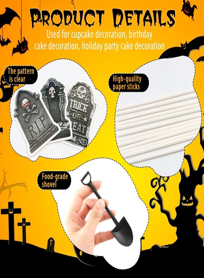 ZOCONE 48 PCS Halloween Cupcake Toppers with Mini Shovel Spoons, Tombstone Cupcake Decorations for Halloween Birthday Party Decoration and Supplies, Tombstone Graveyard Cake Toppers for Zombie Theme Party - Image 3
