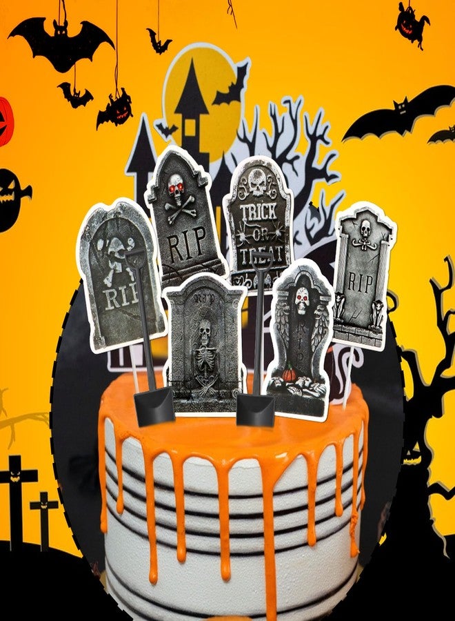 ZOCONE 48 PCS Halloween Cupcake Toppers with Mini Shovel Spoons, Tombstone Cupcake Decorations for Halloween Birthday Party Decoration and Supplies, Tombstone Graveyard Cake Toppers for Zombie Theme Party - Image 5
