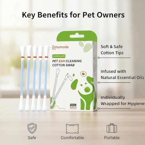 zimumoda 50 Pcs 2-in-1 Pet Ear Cleaning Cotton Swabs for Dogs & Cats - Essential Oil Infused Cat Ear Cleaner - Gentle Ear Wax Removal - Soothing Itch & Freshness - Individually Wrapped for Easy Use - Image 3
