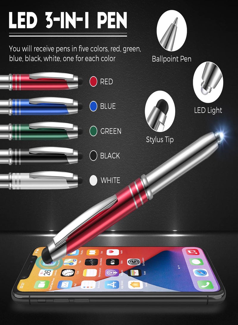 KASTWAVE Stylus Pen for Touchscreen Devices 5 Pcs Multi-Function Capacitive Pen With LED Flashlight Ballpoint Pen 1.0 mm Black Ink Metal Pen Stylus Pen for Touch Screens 3 In 1 Stylus Ballpoint Pen - Image 3