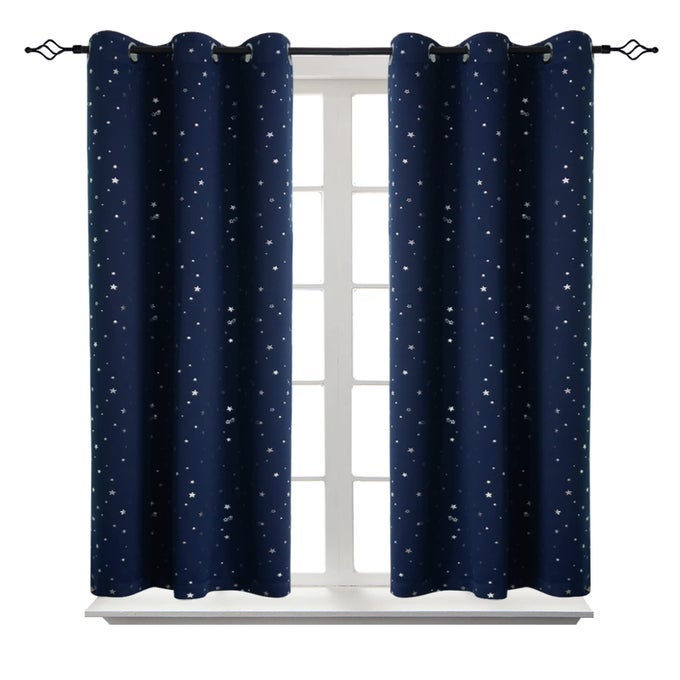 KIDS BLACKOUT CURTAINS FOR BEDROOM GROMMET THERMAL INSULATED SILVER STAR PRINT ROOM DARKENING CURTAINS FOR LIVING ROOM SET OF 2 PANELS 42 X 54 INCH NAVY BLUE