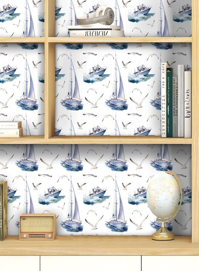 ReWallpaper 17.5in×23ft Blue and White Coastal Wallpaper Peel and Stick Blue Contact Paper for Cabinets Removable Nautical Wallpaper Boats Seagulls Vintage Nautical Wall Decor for Kids Bedroom Walls - Image 3