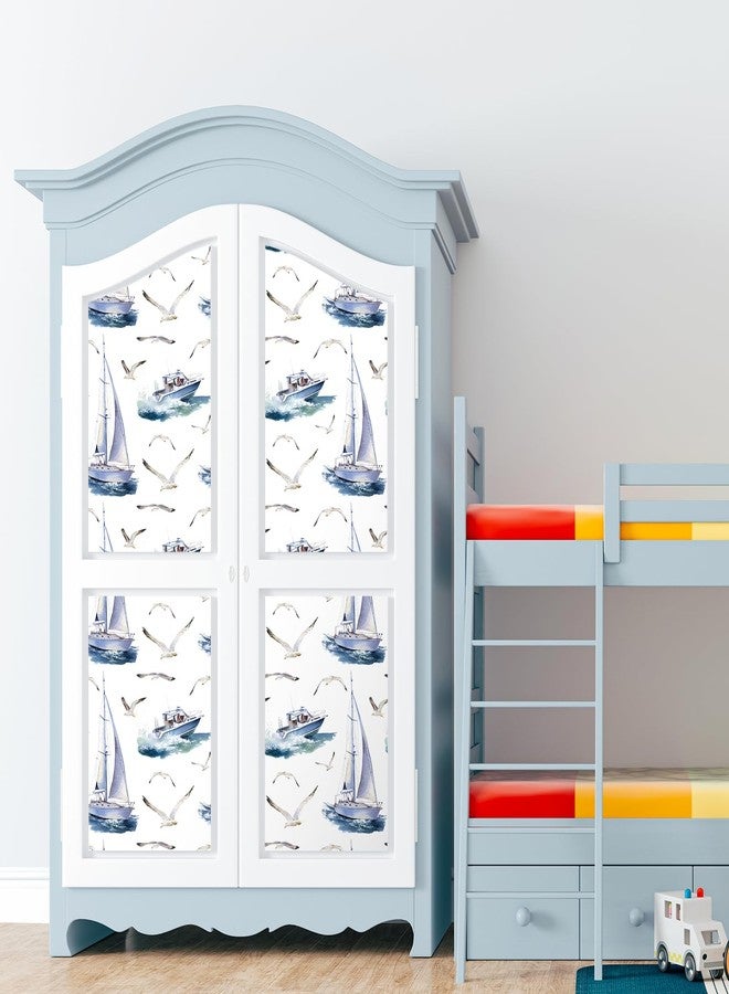 ReWallpaper 17.5in×23ft Blue and White Coastal Wallpaper Peel and Stick Blue Contact Paper for Cabinets Removable Nautical Wallpaper Boats Seagulls Vintage Nautical Wall Decor for Kids Bedroom Walls - Image 5