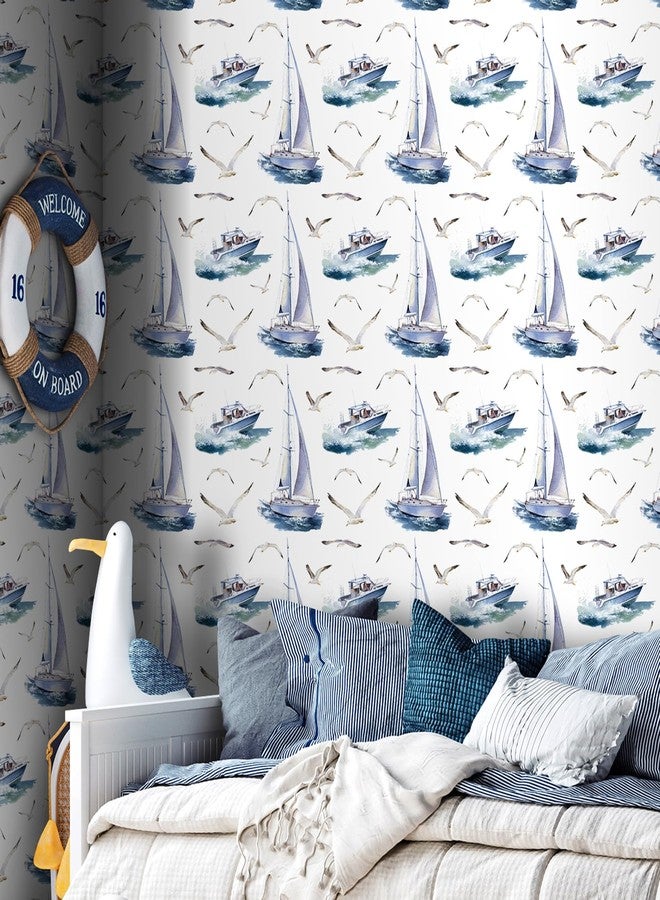 ReWallpaper 17.5in×23ft Blue and White Coastal Wallpaper Peel and Stick Blue Contact Paper for Cabinets Removable Nautical Wallpaper Boats Seagulls Vintage Nautical Wall Decor for Kids Bedroom Walls - Image 2