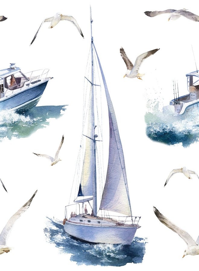 ReWallpaper 17.5in×23ft Blue and White Coastal Wallpaper Peel and Stick Blue Contact Paper for Cabinets Removable Nautical Wallpaper Boats Seagulls Vintage Nautical Wall Decor for Kids Bedroom Walls - Image 1