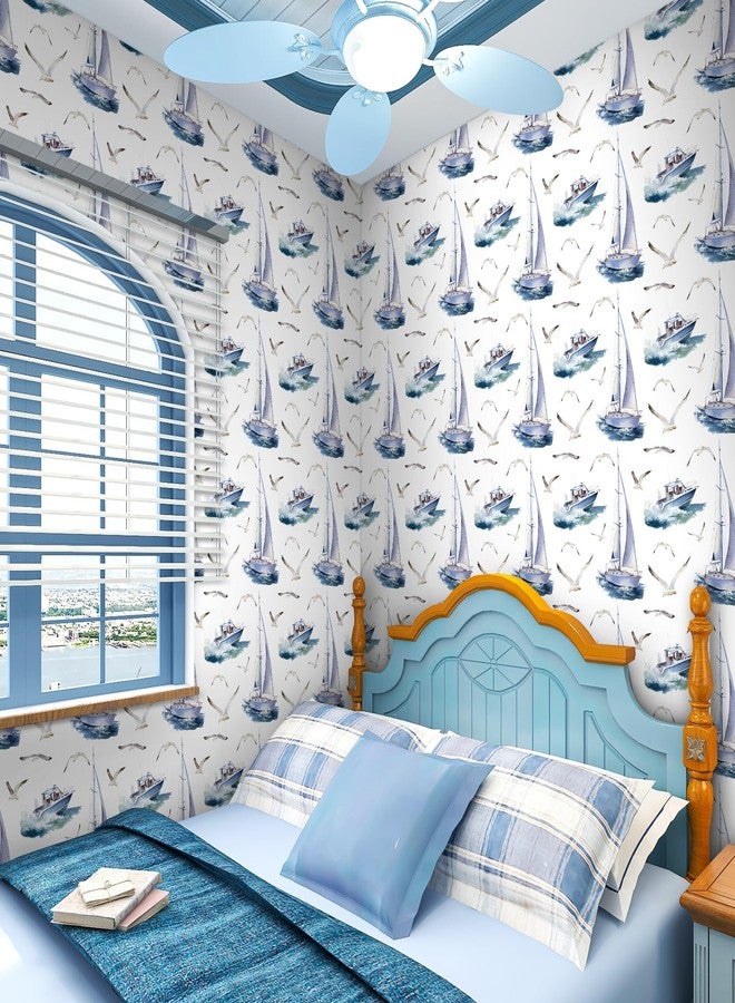 ReWallpaper 17.5in×23ft Blue and White Coastal Wallpaper Peel and Stick Blue Contact Paper for Cabinets Removable Nautical Wallpaper Boats Seagulls Vintage Nautical Wall Decor for Kids Bedroom Walls - Image 4