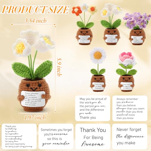 Geelin 6 Sets Positive Teacher Appreciation Gift Mini Crochet Flower Potted Doll with Card Emotional Rose Daisy Crochet Support Thank You Flowers Positive Gift for Women Coworker Teacher - Image 3