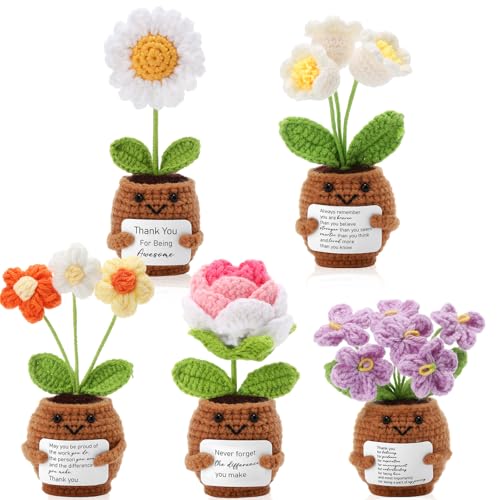 Geelin 6 Sets Positive Teacher Appreciation Gift Mini Crochet Flower Potted Doll with Card Emotional Rose Daisy Crochet Support Thank You Flowers Positive Gift for Women Coworker Teacher - Image 1