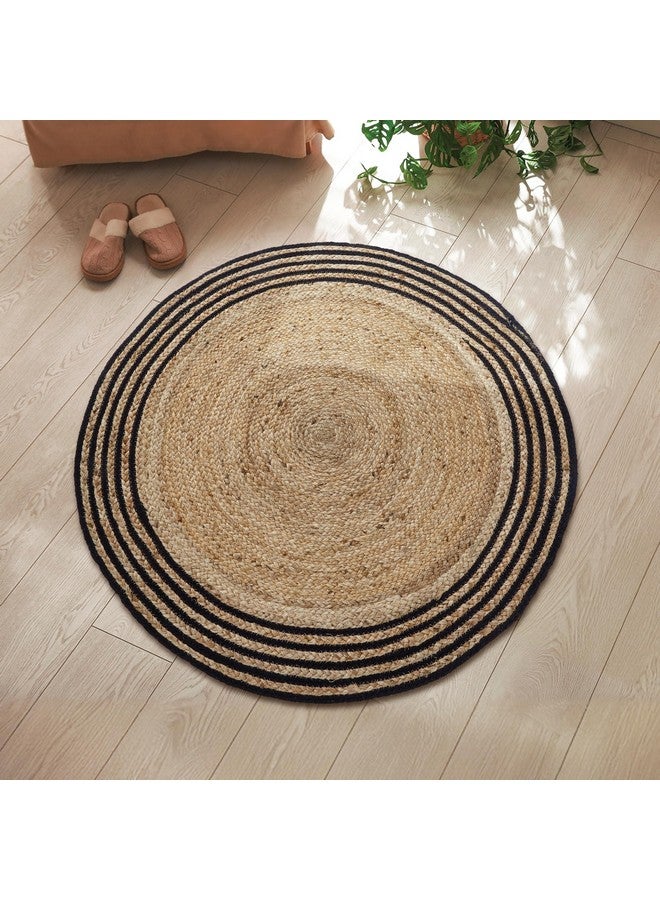Encasa XO سجادة دائرية محاكة يدويًا من إنكاسا XO لغرفة المعيشة | مصنوعة من الجوت المعاد تدويره مع حافة سوداء سجادات طبيعية قابلة للعكس | 3 قدم - دائري (91 سم - دائري) - Image 1