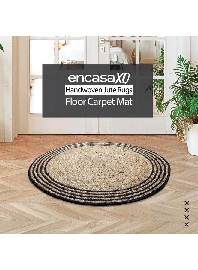 Encasa XO سجادة دائرية محاكة يدويًا من إنكاسا XO لغرفة المعيشة | مصنوعة من الجوت المعاد تدويره مع حافة سوداء سجادات طبيعية قابلة للعكس | 3 قدم - دائري (91 سم - دائري) - Image 2