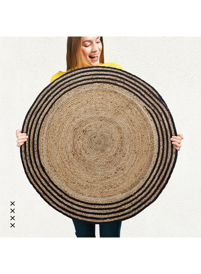 Encasa XO سجادة دائرية محاكة يدويًا من إنكاسا XO لغرفة المعيشة | مصنوعة من الجوت المعاد تدويره مع حافة سوداء سجادات طبيعية قابلة للعكس | 3 قدم - دائري (91 سم - دائري) - Image 5