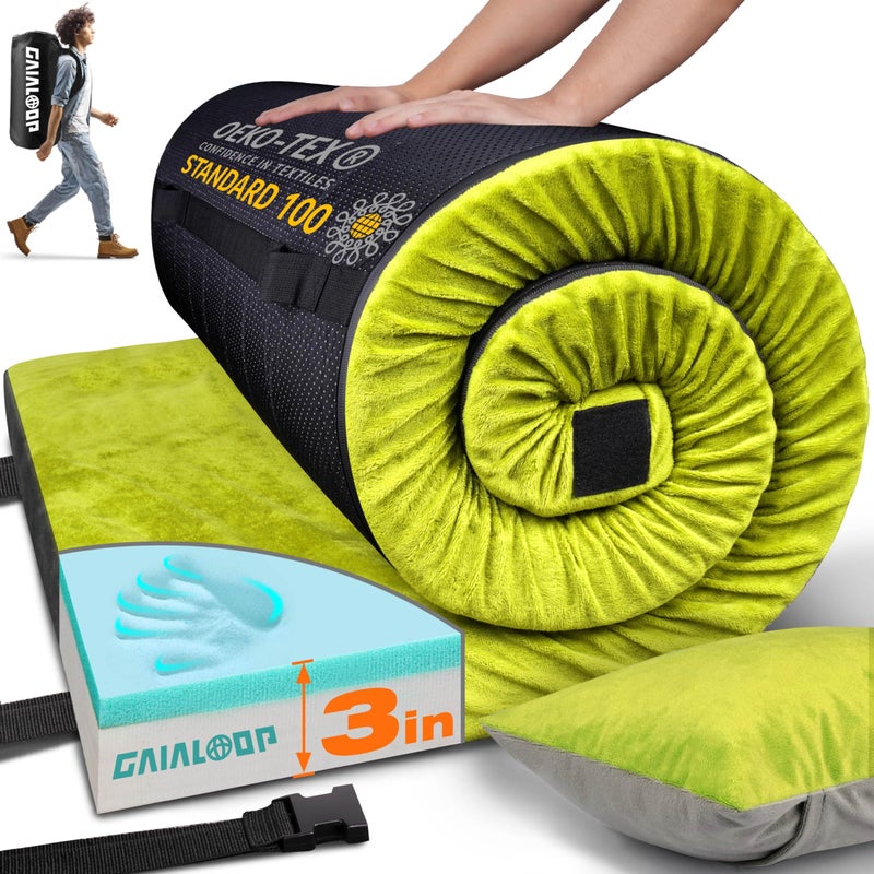 Gaialoop 3 Inch Memory Foam Camping Mattress, Dual Layer Thick Sleeping Camp Pad for Car Tent Cot, Roll-Up Portable Glamping Floor Bed for Guests Sleepover[Cot: 72 * 24 * 3"] - Image 1