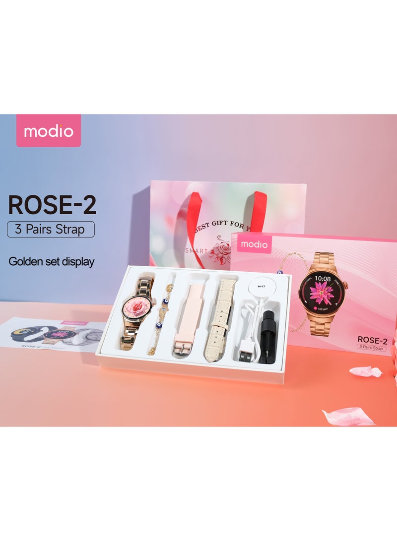 Modio ROSE-2 Smart Watch for Women – Silver Set Display with 3 Pairs Straps, Stylish Gift Box Edition - Image 2